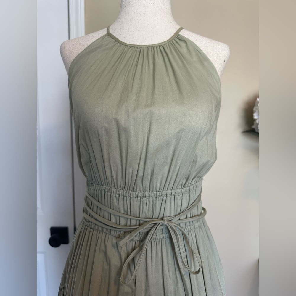 J. Crew Tie Waist Halter Midi Dress Pale Surplus Green A Line Tiered XS - Picture 3 of 9